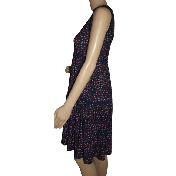 Max Studio Sz Small Navy Blue Pink Rosebud Floral Print Sleeveless Tiered Dress - Picture 6 of 12